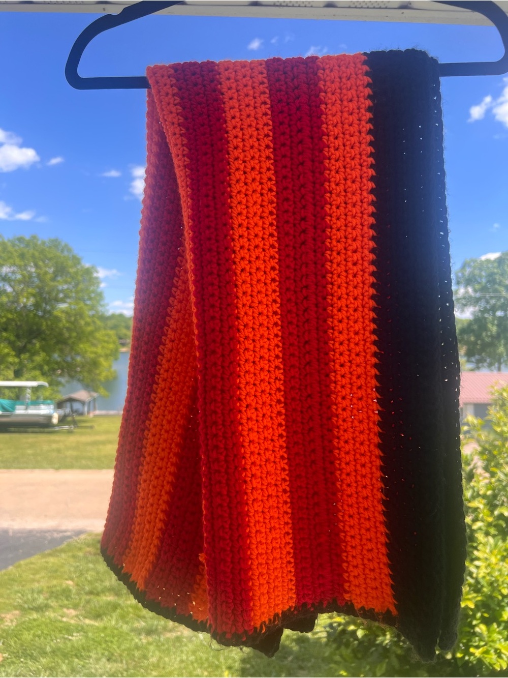 Handmade Striped Crochet Baby Throw - Red, Orange & Black
